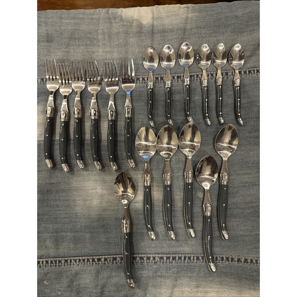 Laguiole 18 Piece Flatware Set Service Dark Gray Plastic Handles Stainless Steel
